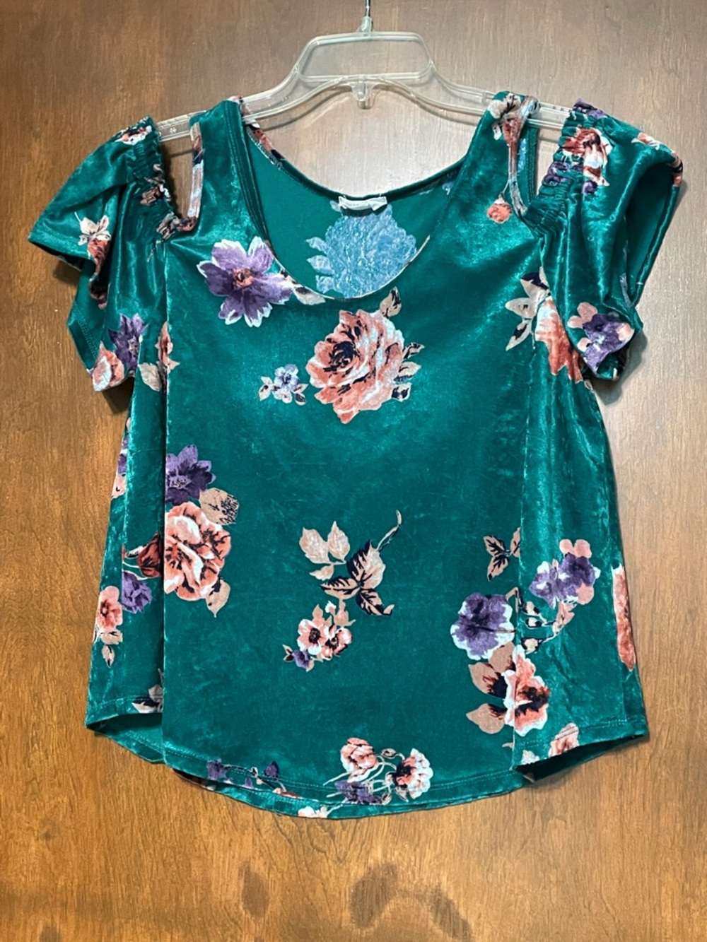 Sienna Sky Teal Velvet Floral Cold-Shoulder Blouse